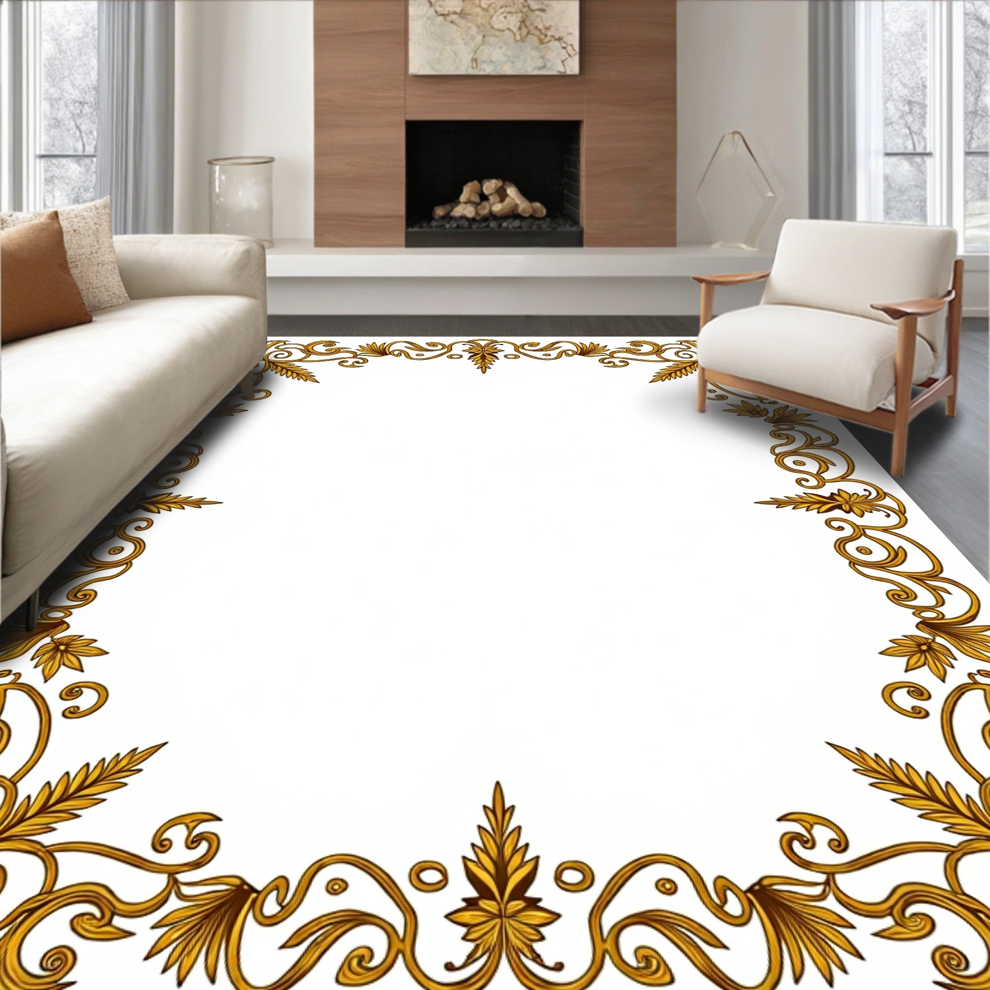 Ornate Golden Swirl Leaf Frame Rug