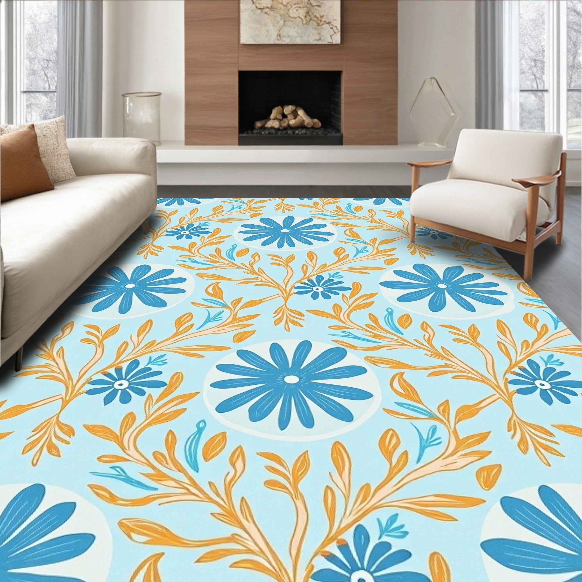 Blue Orange Floral Scroll Pattern Rug