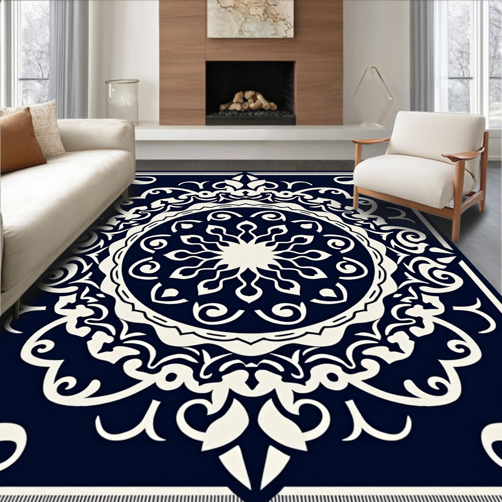 Intricate Mandala White Cream Navy Design Rug