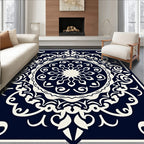 Intricate Mandala White Cream Navy Design Rug