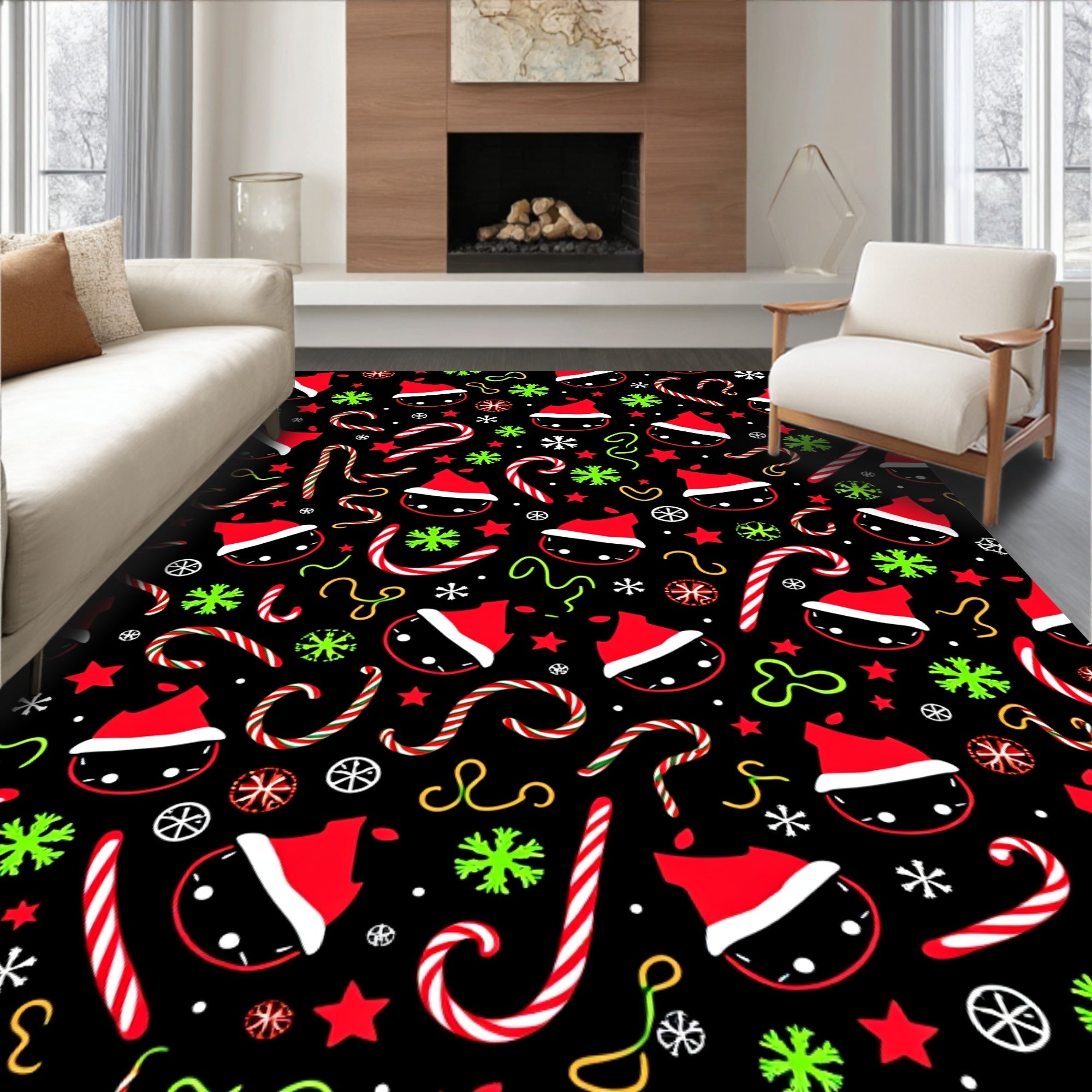 Festive Holiday Santa Hat Candy Cane Pattern Rug