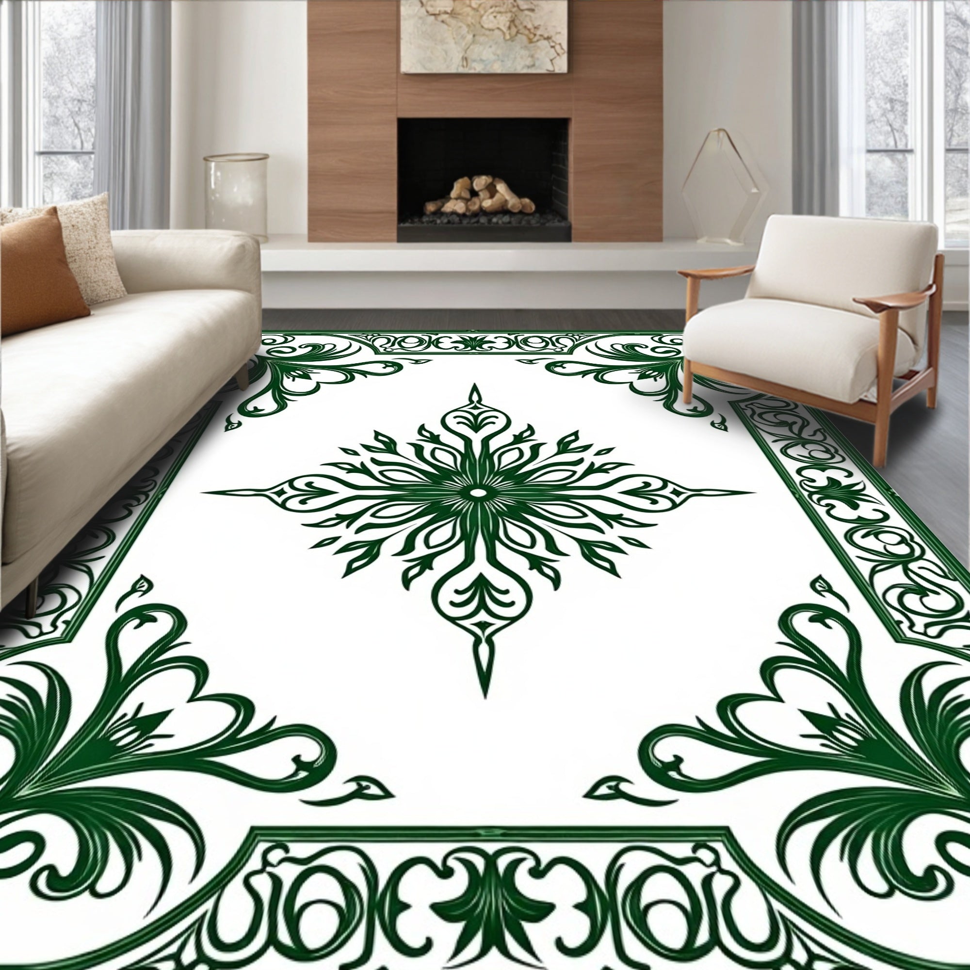 Ornate Green Floral Filigree Rug