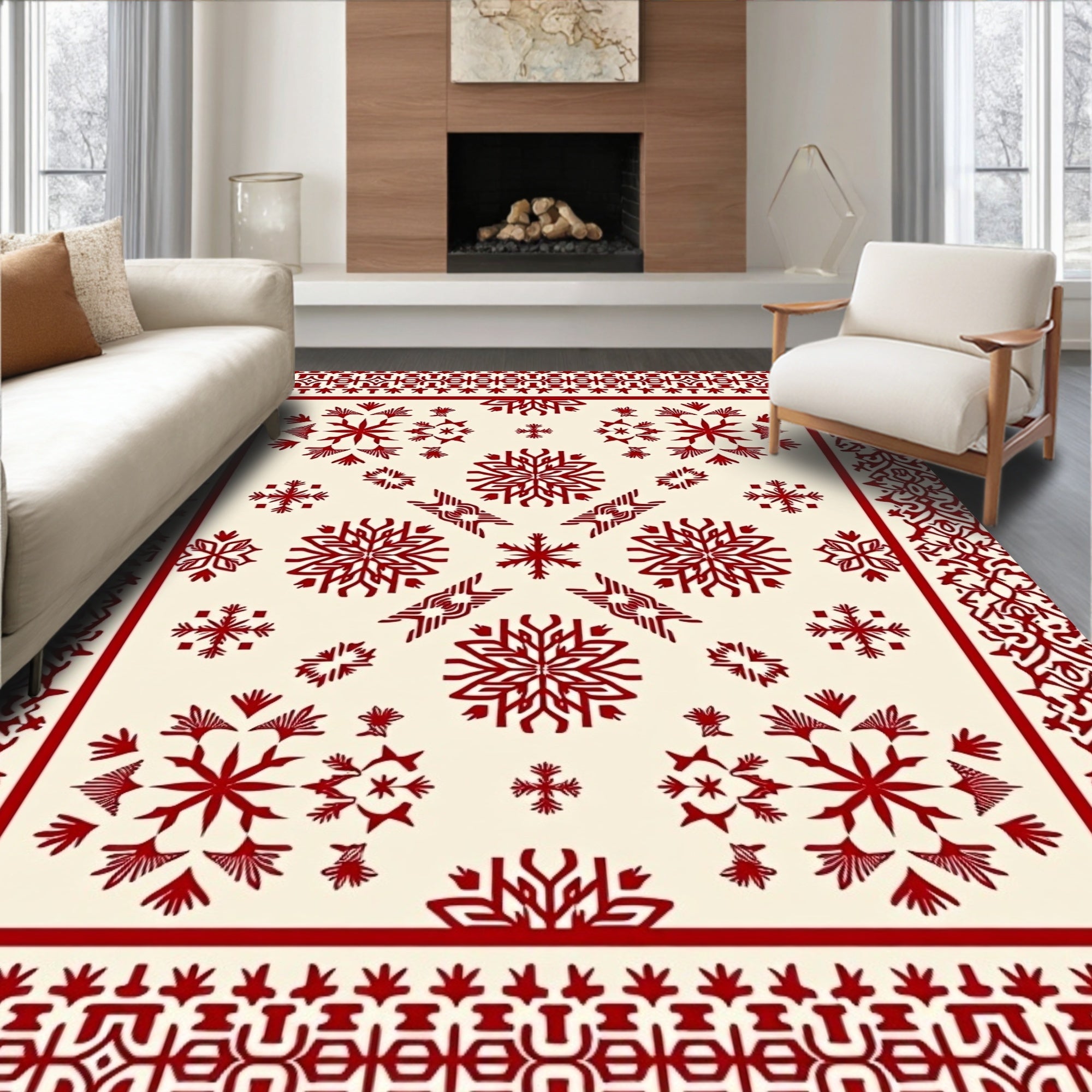 Red Snowflake Patterned Medallion Rug
