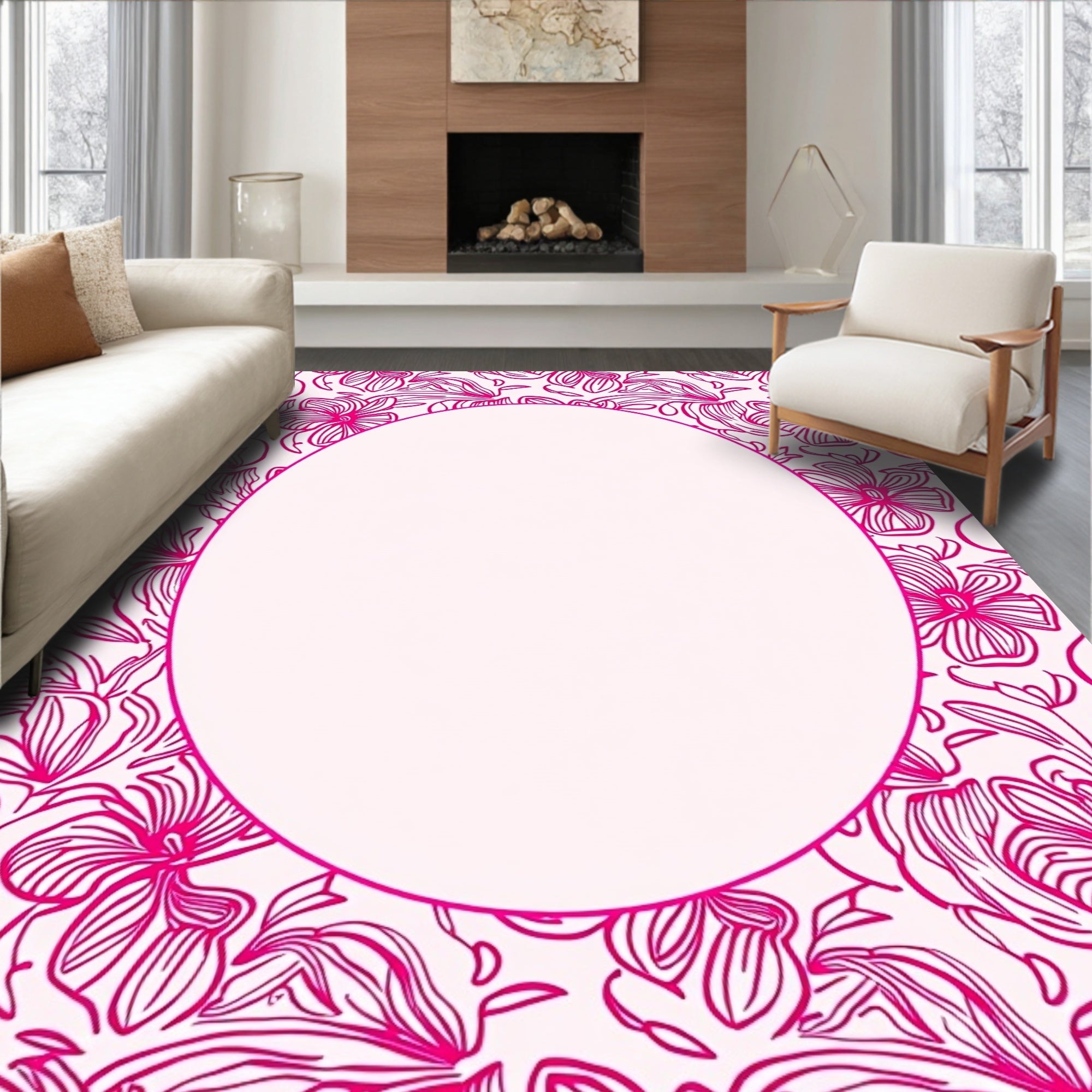 Vibrant Pink Floral Outline Rug