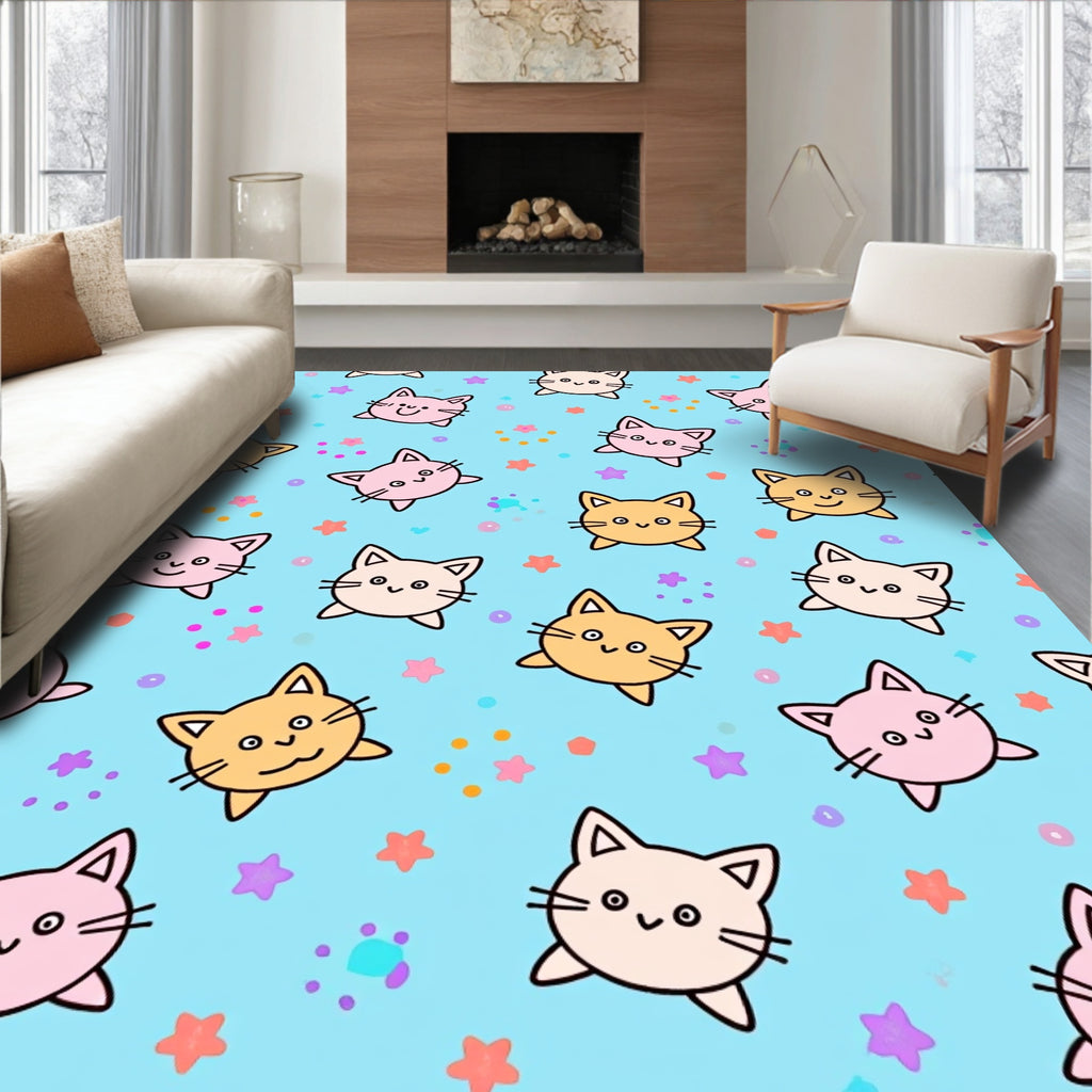 Cute Kawaii Cats With Stars Pattern Rug
