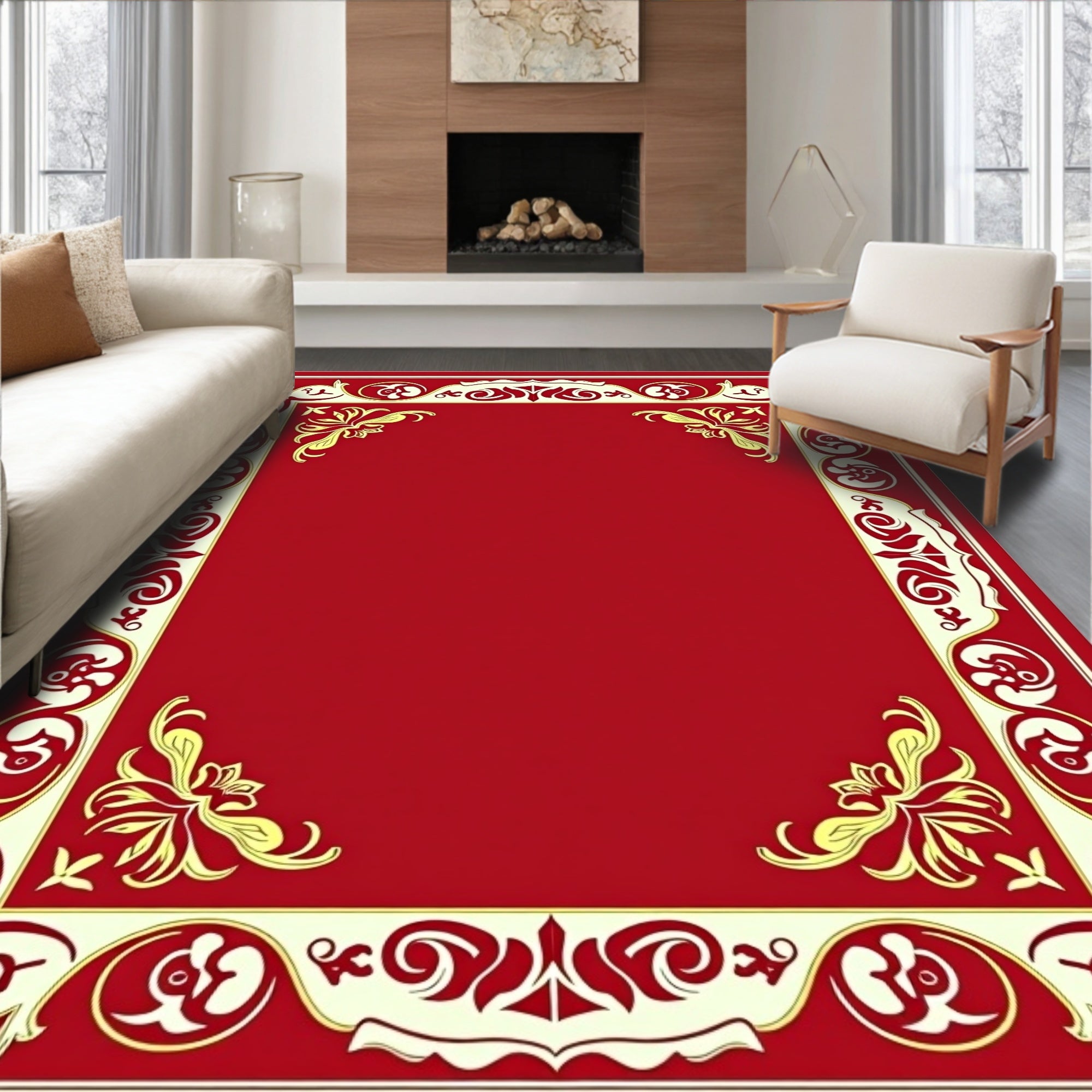 Traditional Red Gold Floral Border Design Rug