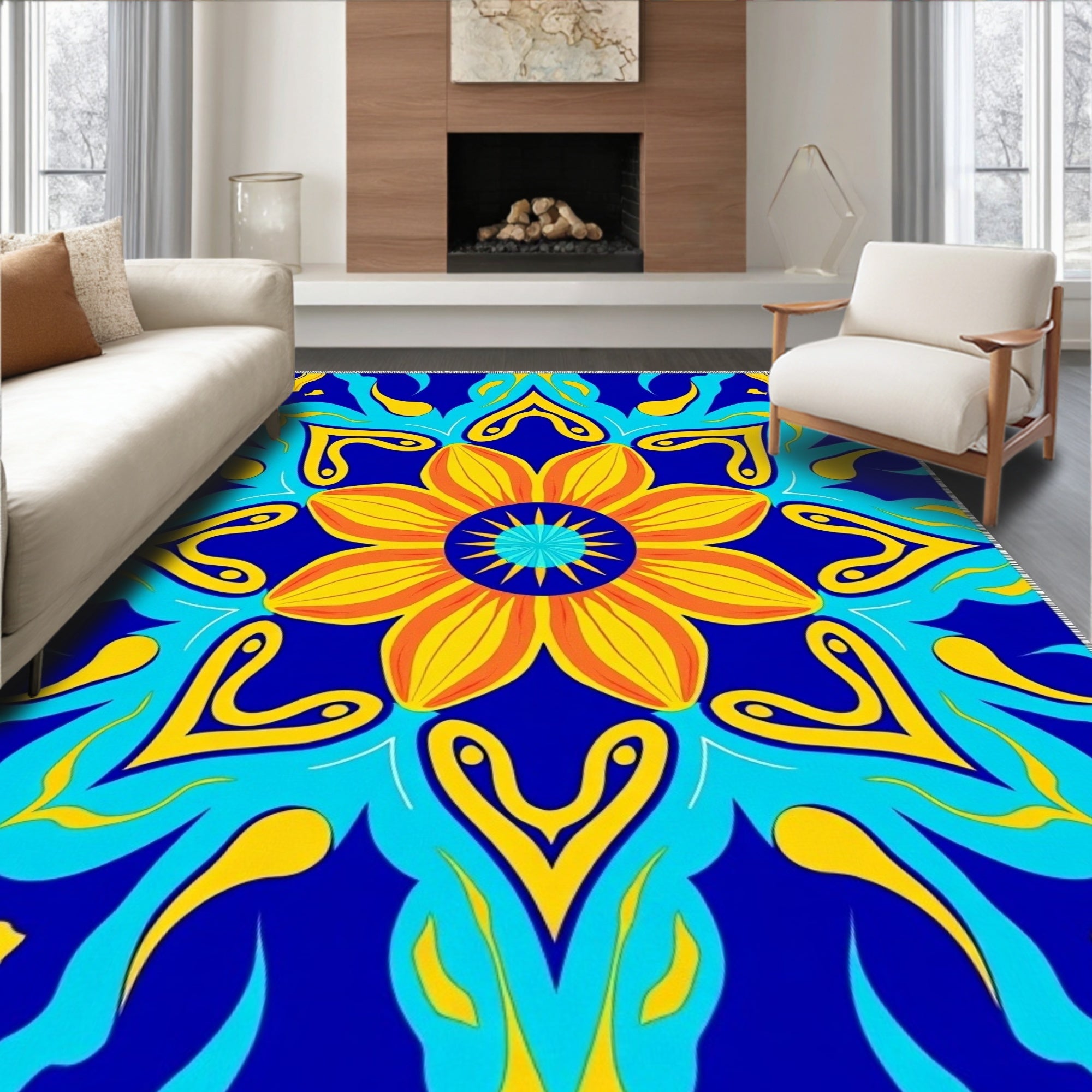 Vibrant Floral Pattern With Blue Yellow Accents Rug