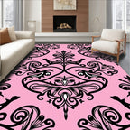 Pink Black Damask Floral Pattern Rug