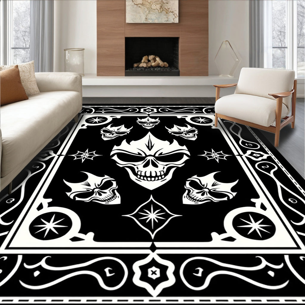 Gothic Skull Patterned Black White Rug