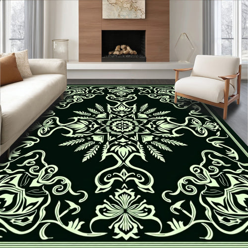 Antique Black Floral Scroll Medallion Rug