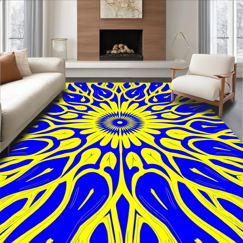 Vibrant Yellow Blue Organic Symmetry Rug