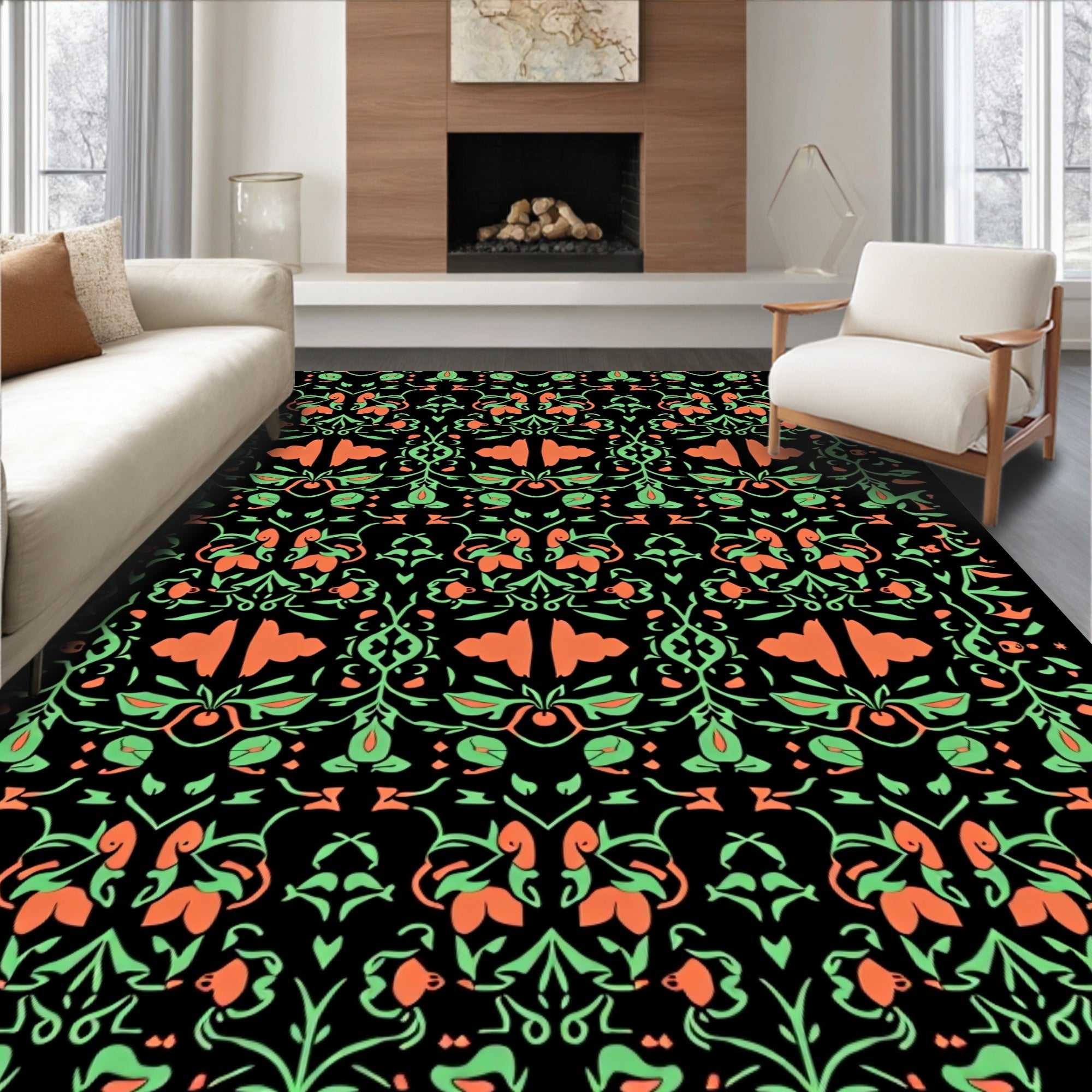Coral Green Floral Arabesque Repeat Rug