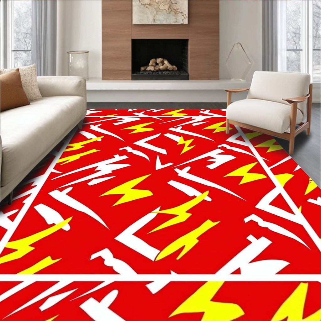 Bold Red Yellow White Lightning Pattern Rug