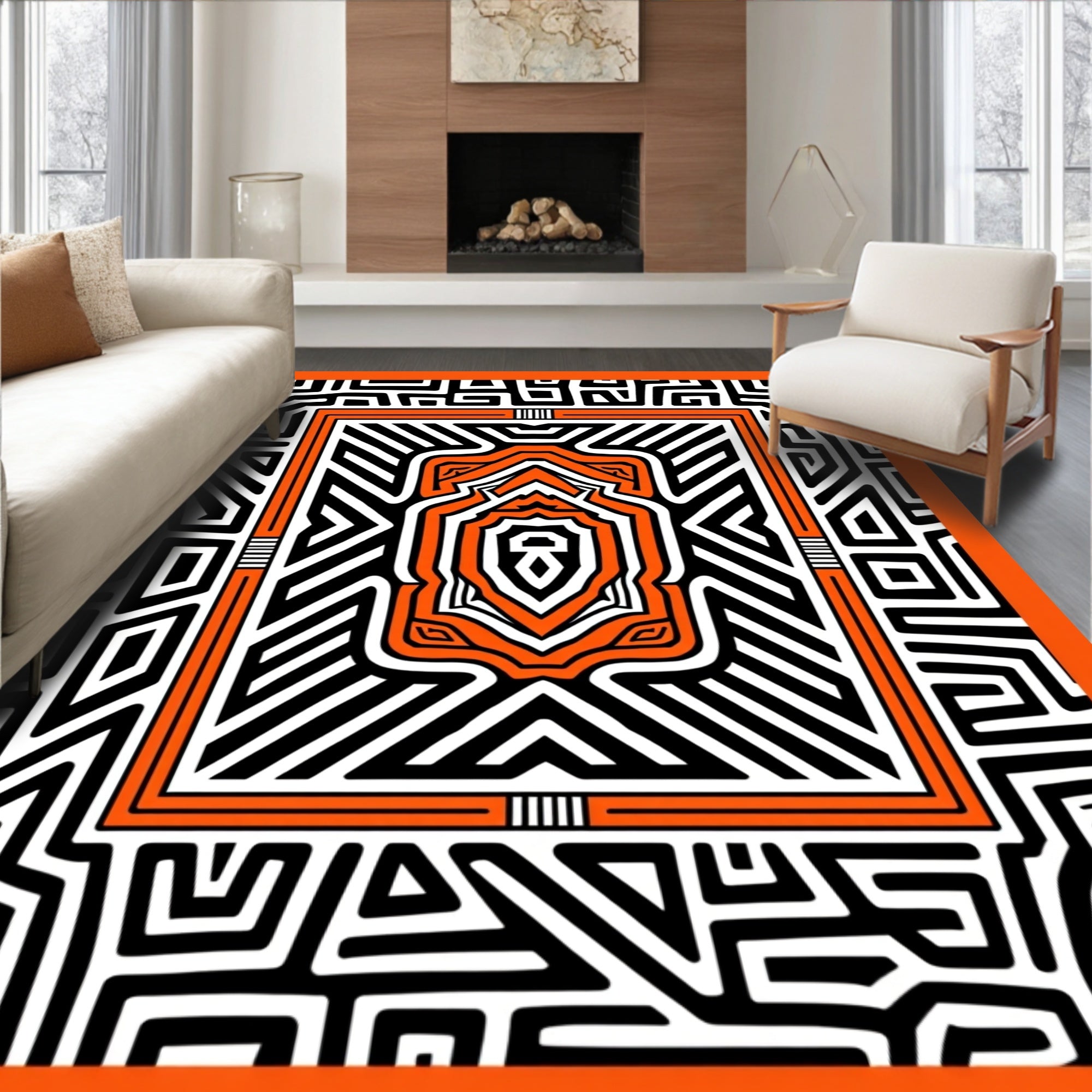 Tribal Orange Geometric Maze Rug