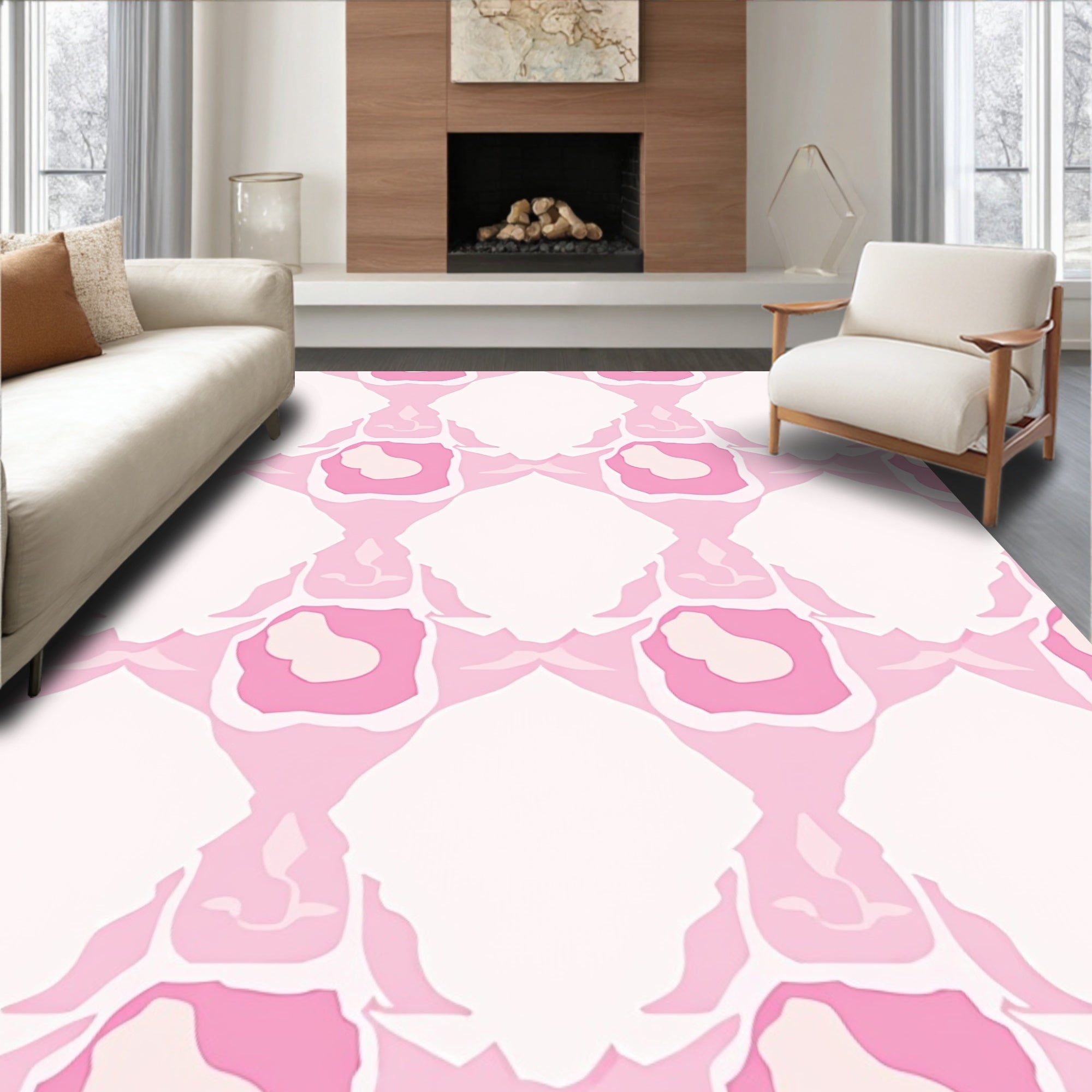 Pink White Abstract Geometric Pattern Rug