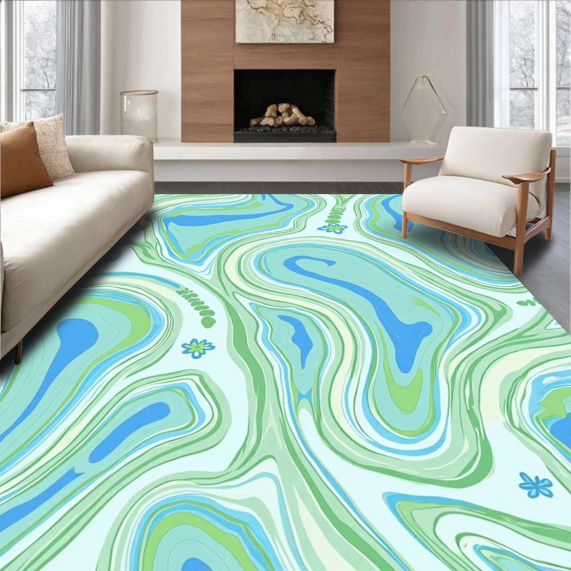 Abstract Blue Green Swirls Pattern Rug