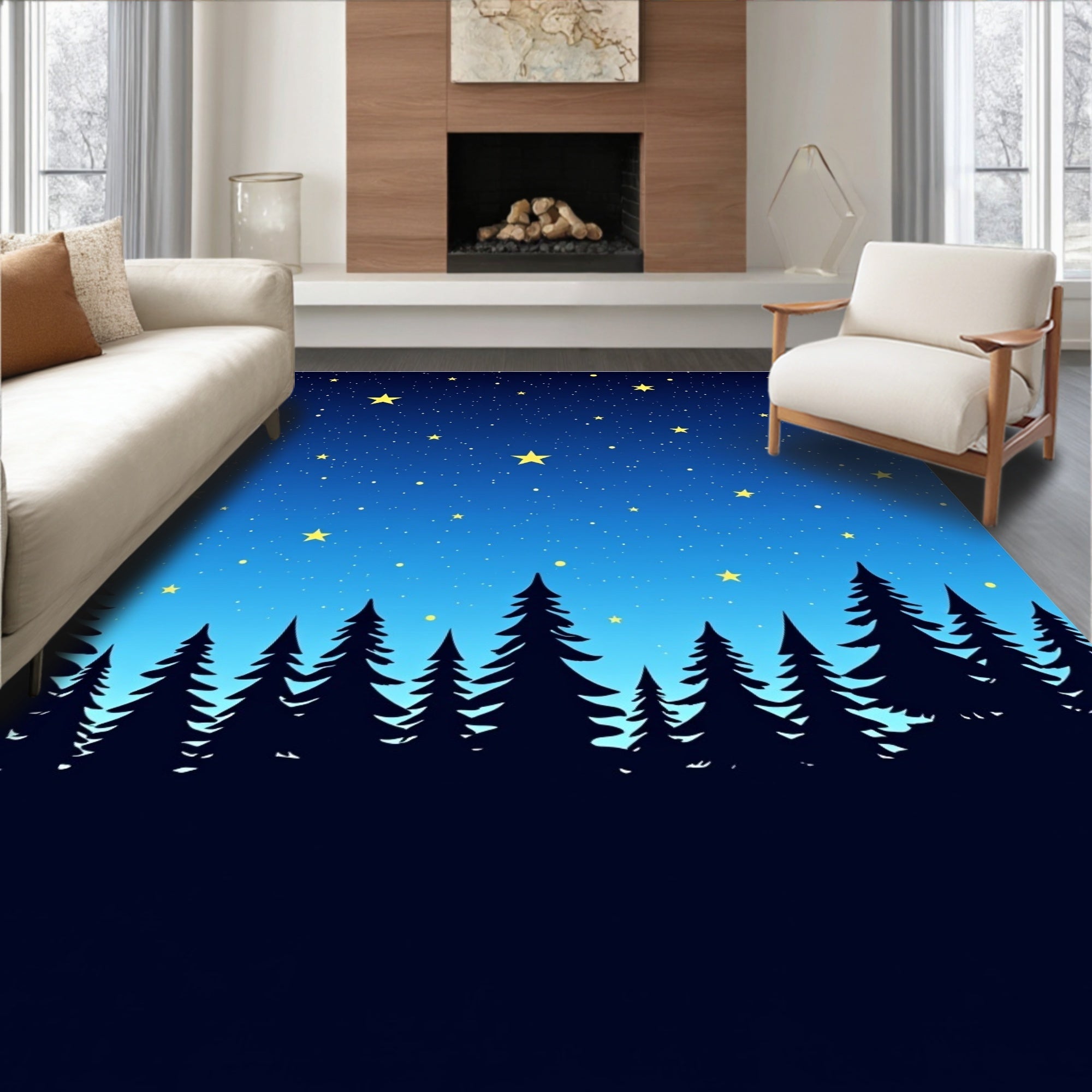 Starry Night Forest Silhouette Rug