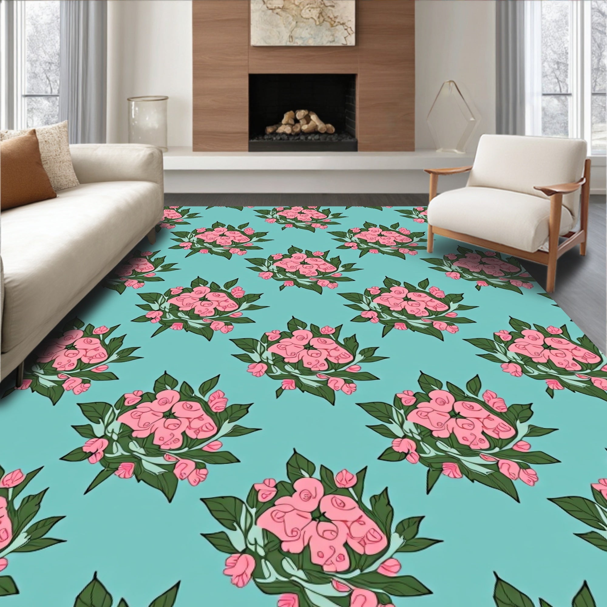 Pastel Pink Blooming Floral Wreath Rug