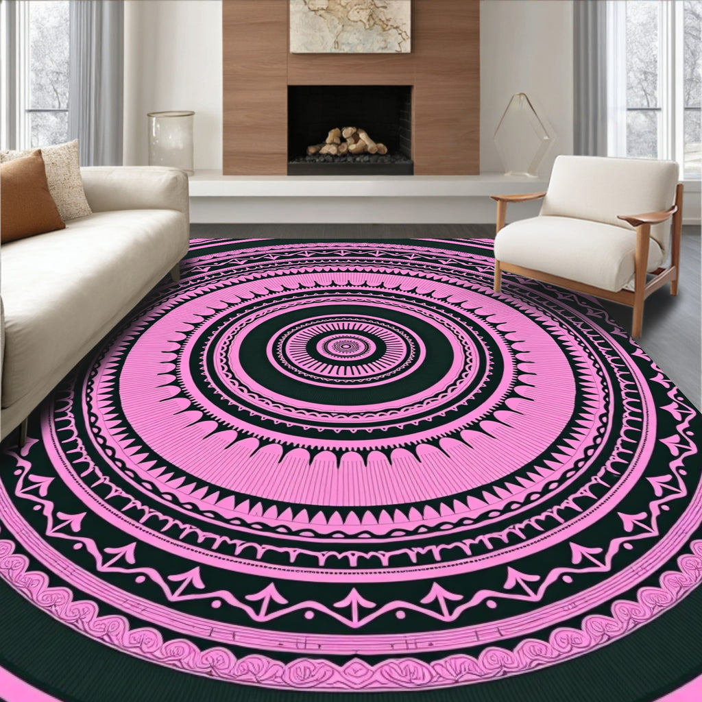 Pink And Black Concentric Pattern Design Rug