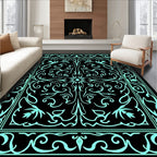 Aqua Black Ornate Floral Border Rug