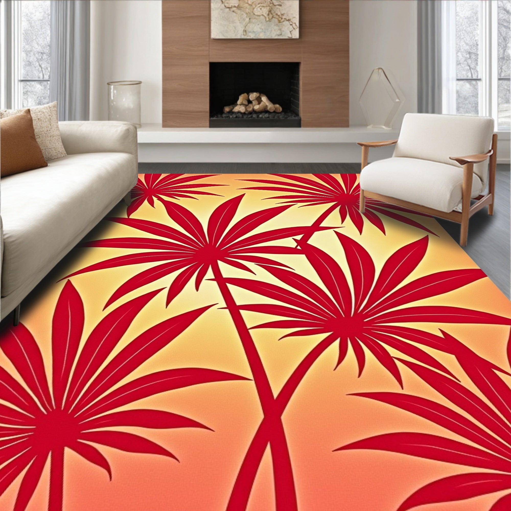 Bold Red Tropical Leaf Pattern Rug