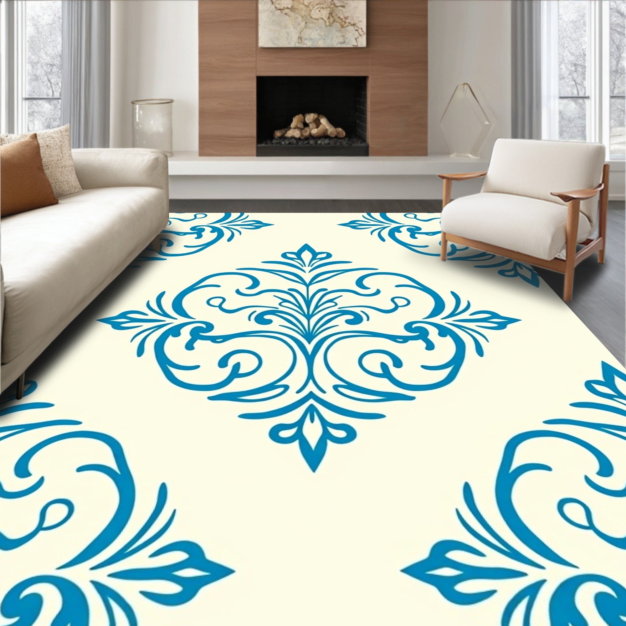Classic Blue Floral Damask Pattern Rug