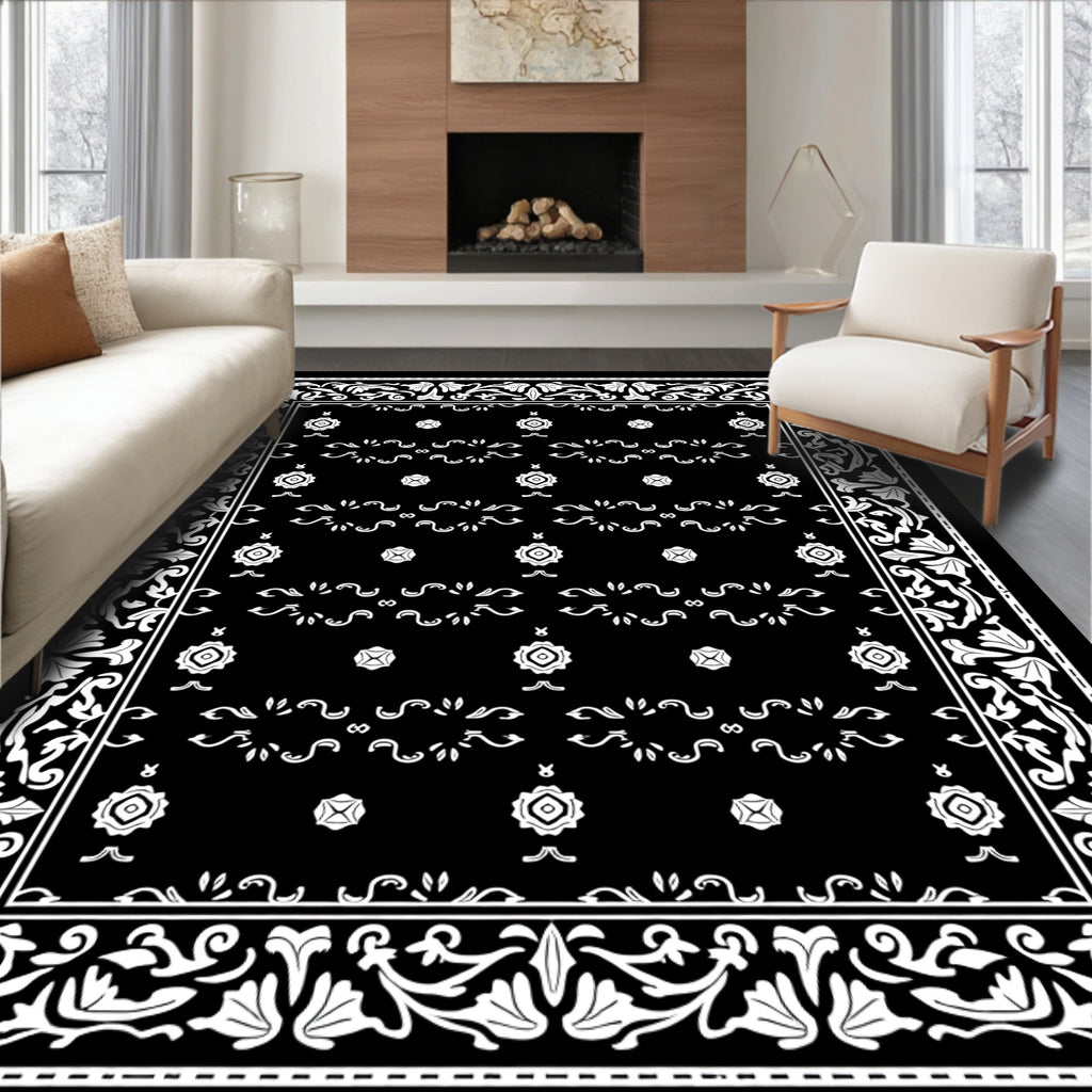 Black White Floral Scrolls Pattern Rug