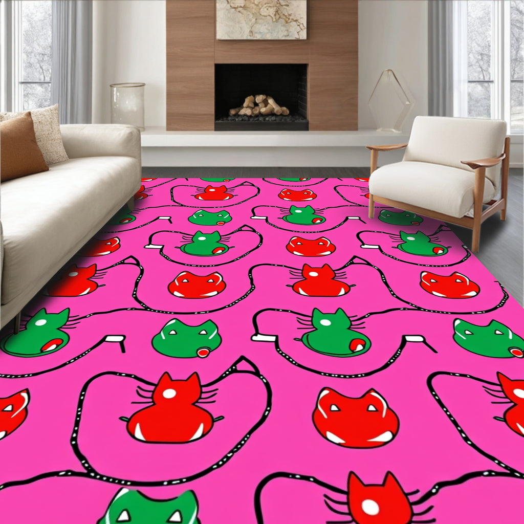 Playful Red Green Cat Pattern Rug