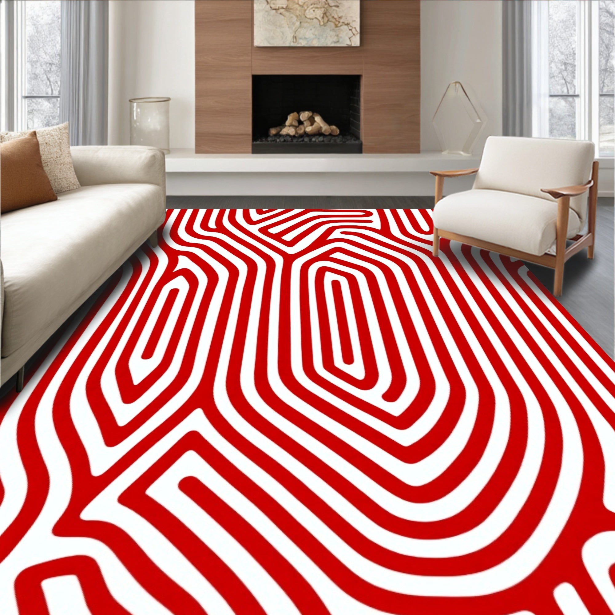 Crimson White Abstract Maze Rug