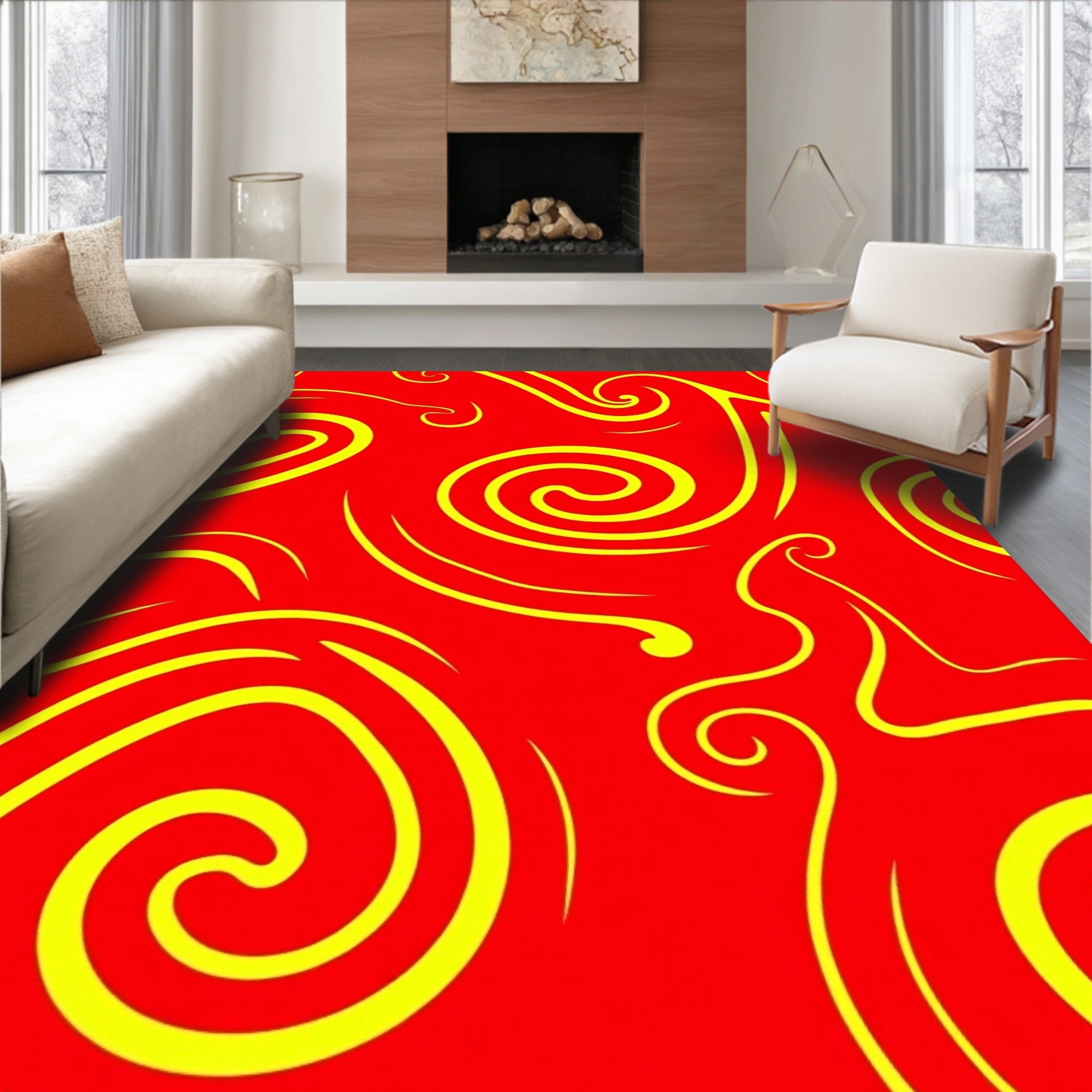 Bold Red Yellow Swirl Pattern Rug