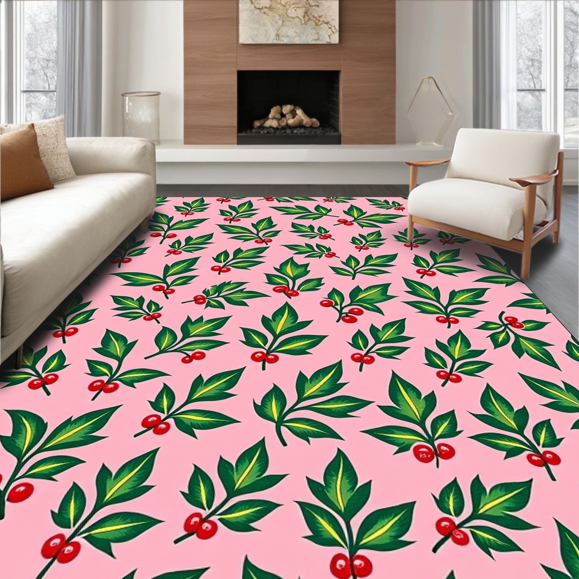 Whimsical Holly Berry Leafy Arrangement Rug
