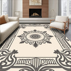 Ornate Sun Motif Gray Border Rug