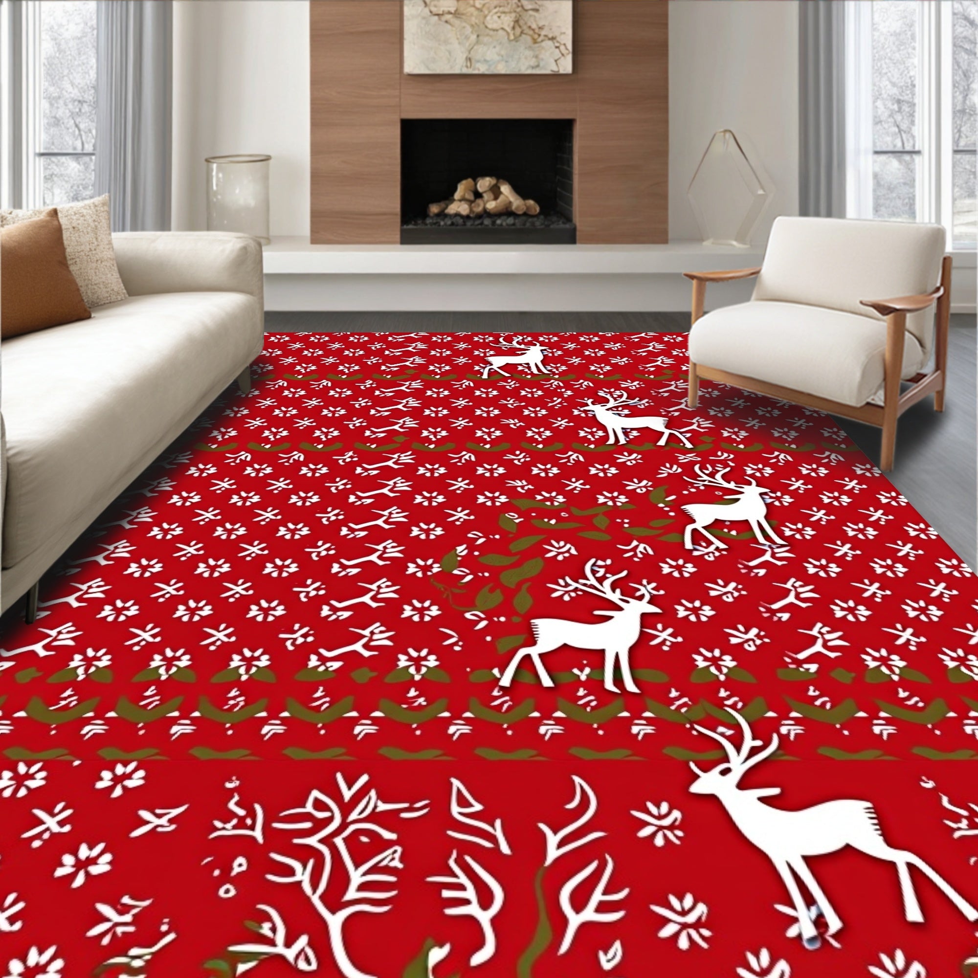 Red White Deer Floral Pattern Rug