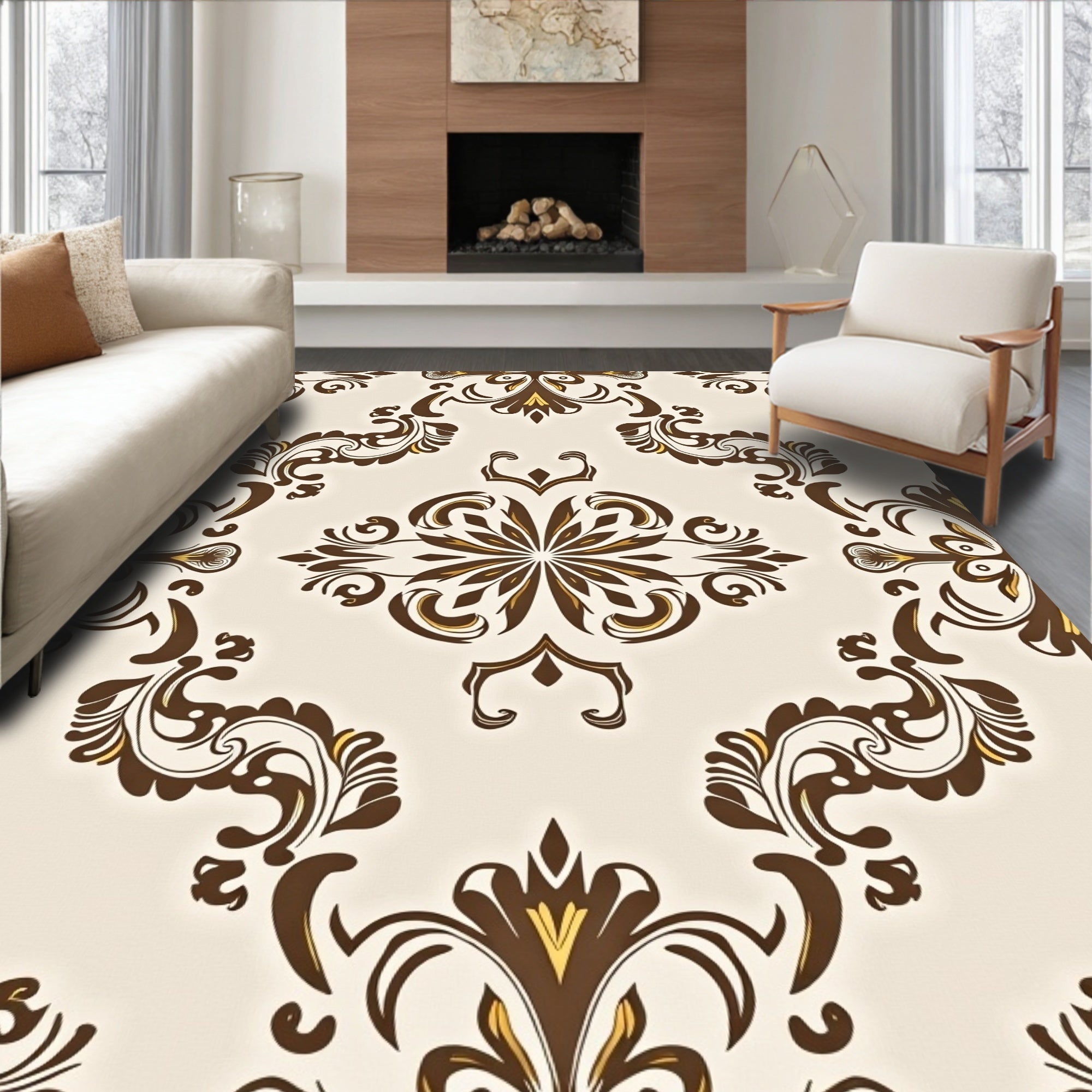 Traditional Brown Floral Medallion Pattern Rug