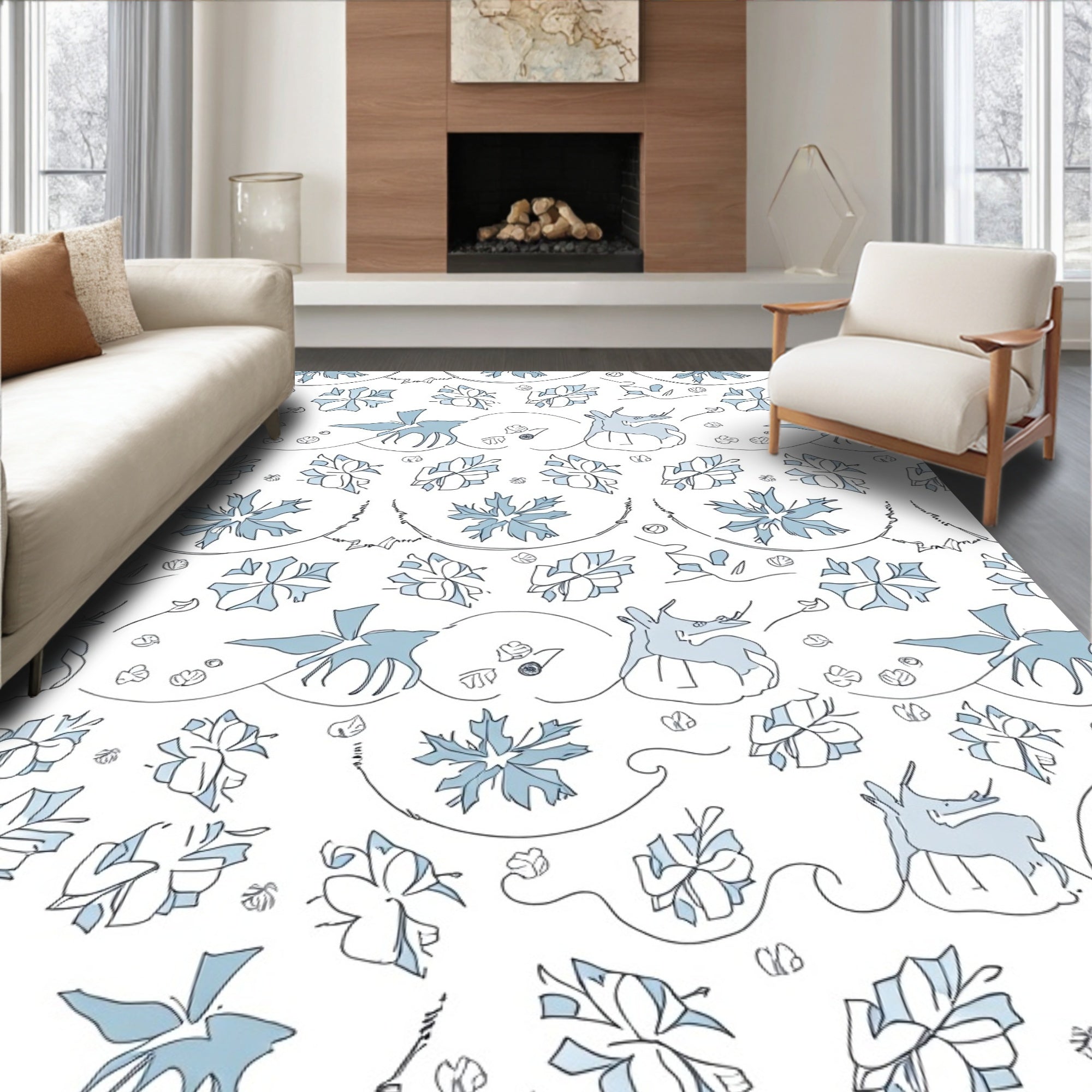 Whimsical Light Blue Deer Floral Rug