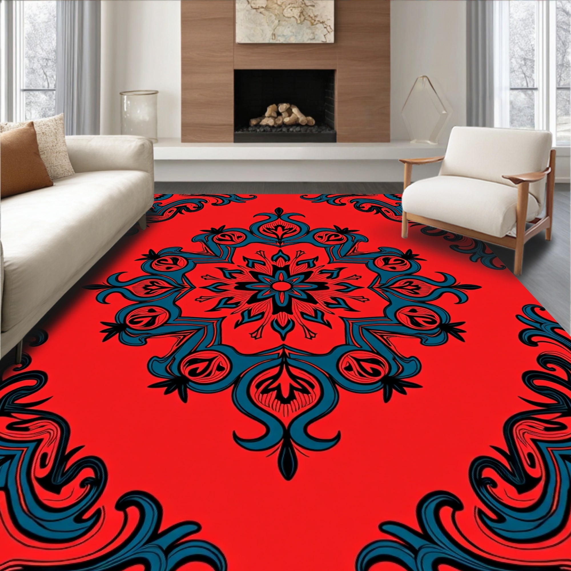 Red Teal Floral Mandala Pattern Rug