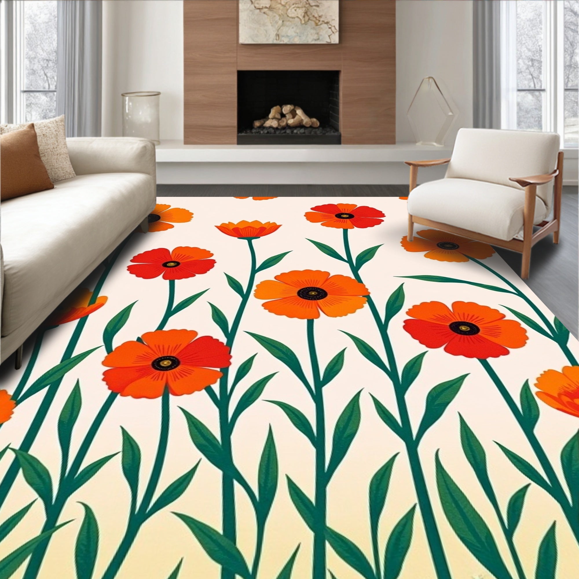 Vibrant Orange Poppy Meadow Pattern Rug