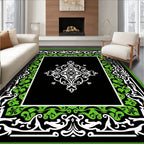 Black Green White Intricate Floral Pattern Rug