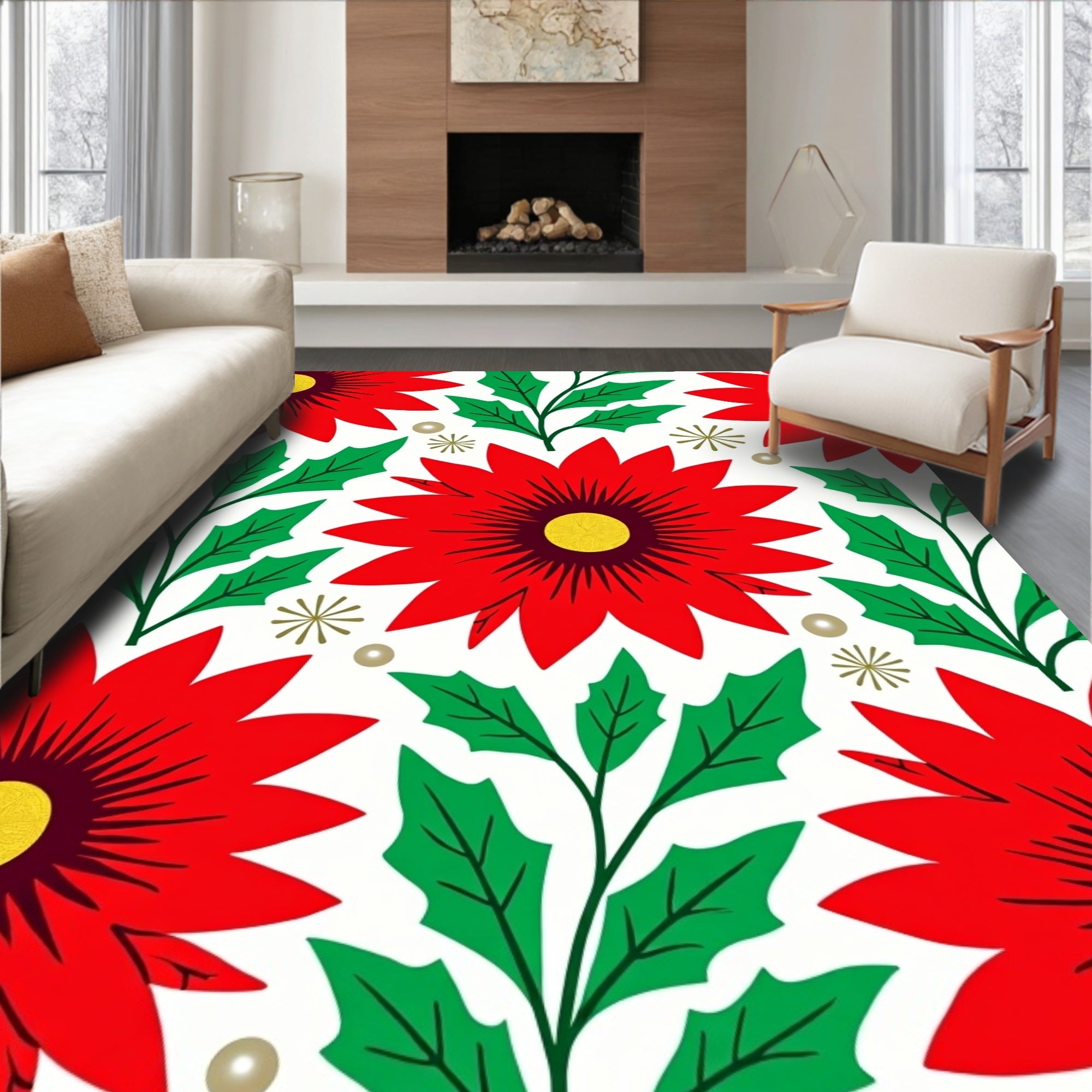 Festive Red Poinsettia Holly Garland Rug