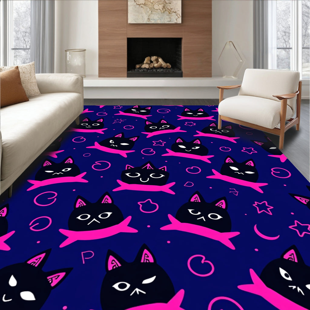 Cute Black Cats Pink Accents Pattern Rug
