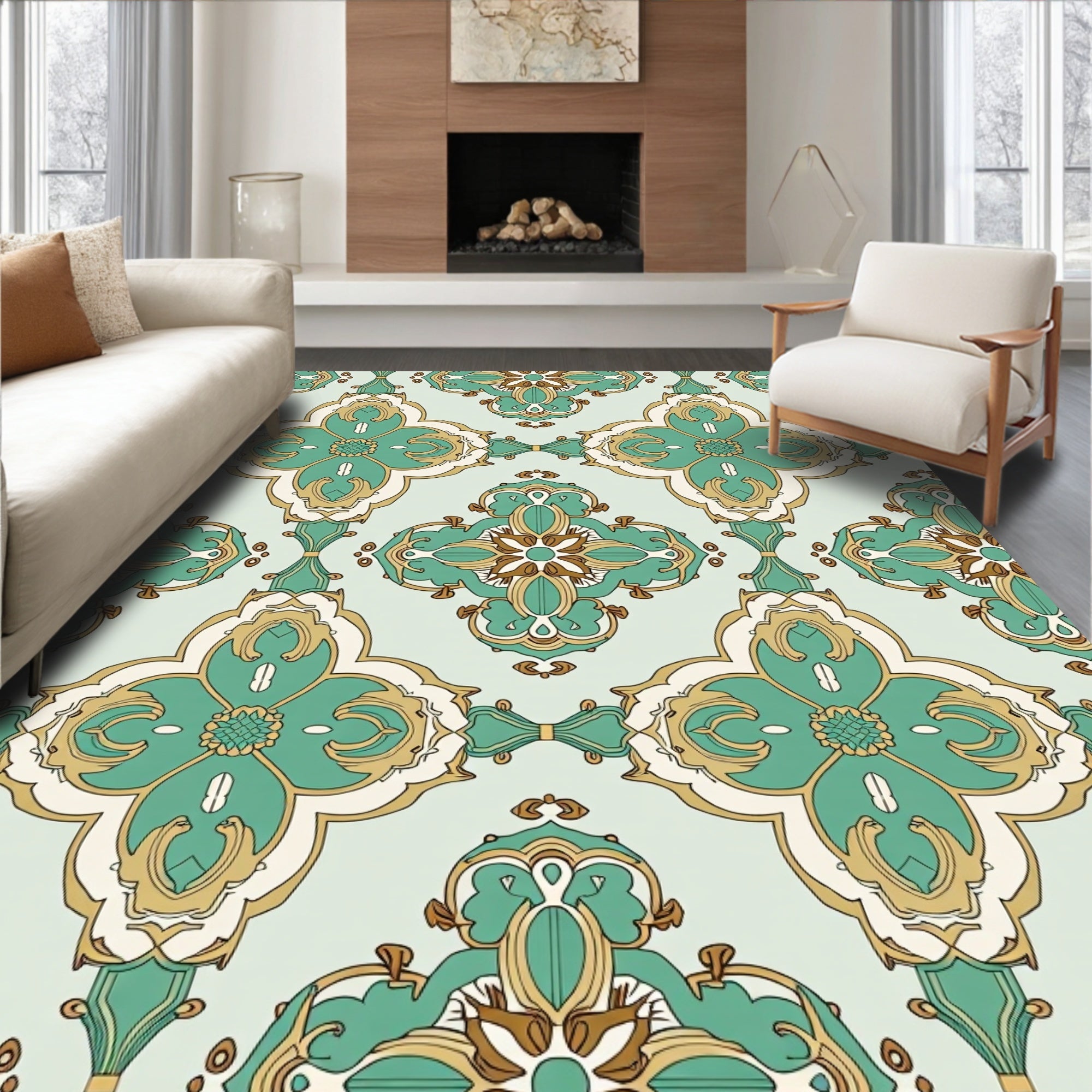 Vintage Teal Gold Medallion Pattern Rug