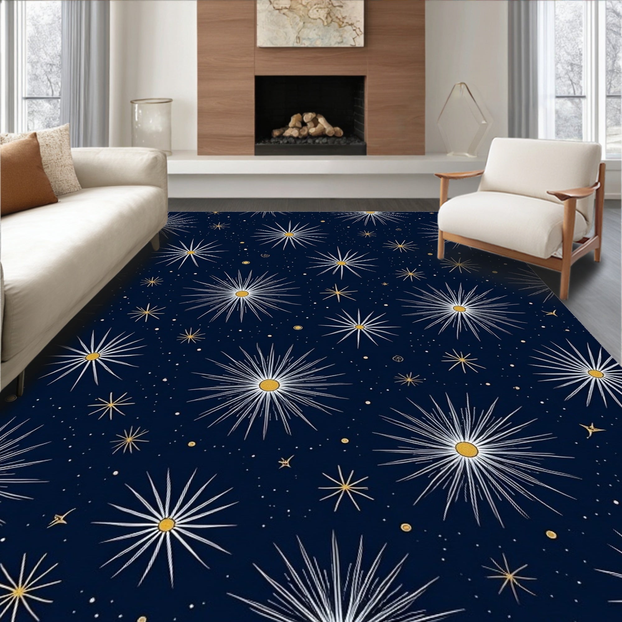 Celestial Burst Pattern on Dark Navy Rug