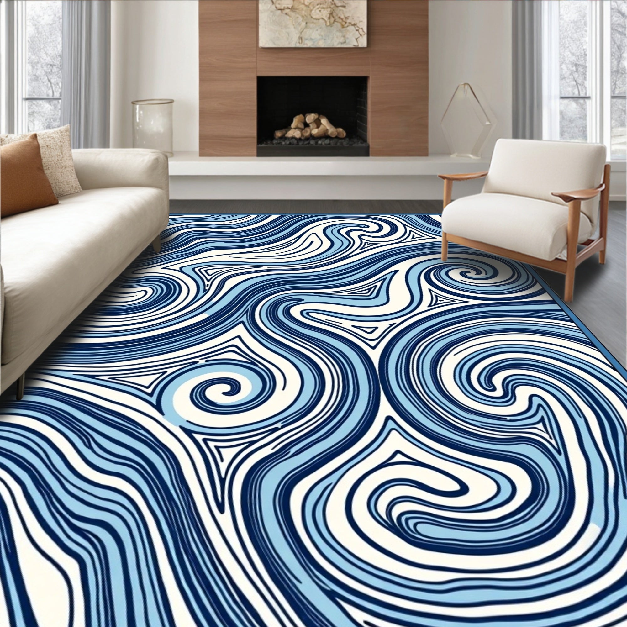 Abstract Navy Swirl Waves Rug