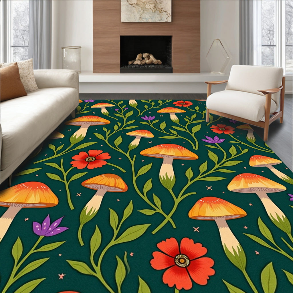 Whimsical Mushroom Floral Garden Pattern Rug