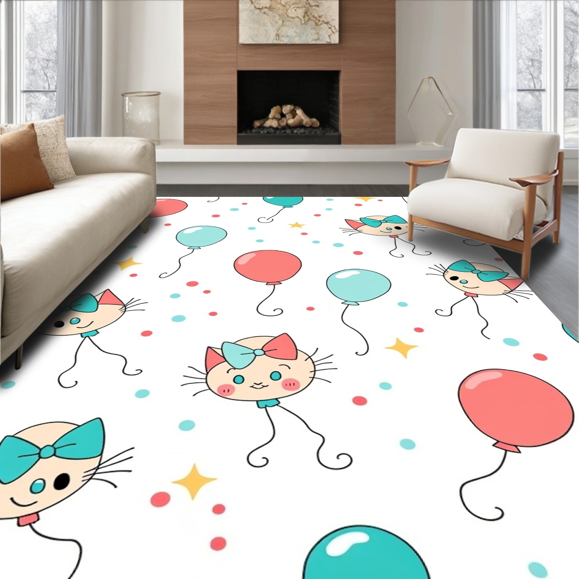 Cute Cat Balloon Pink Teal Pattern Rug
