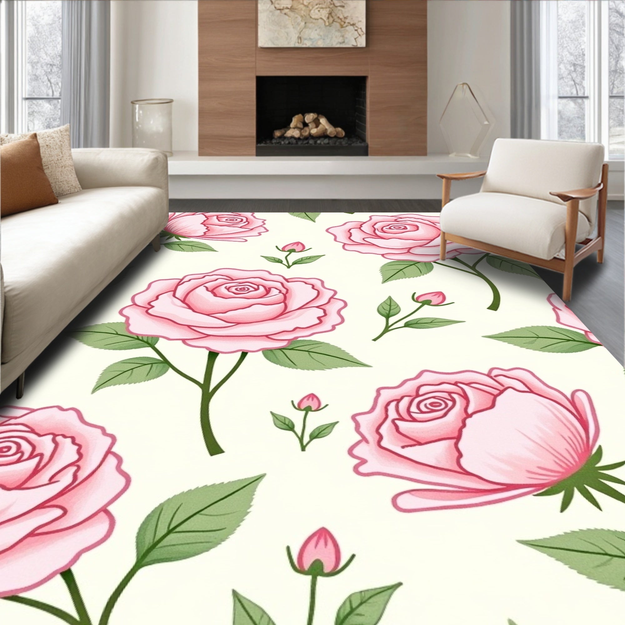 Delicate Pink Rose Botanical Pattern Rug