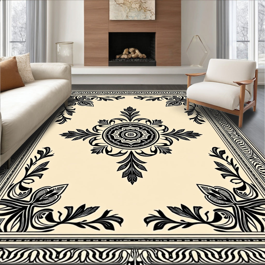 Cream and Black Medallion Floral Border Rug
