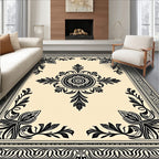Cream and Black Medallion Floral Border Rug