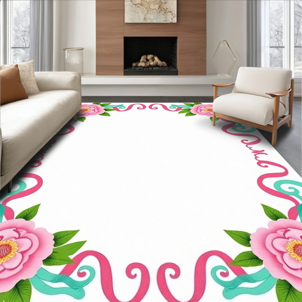 Pink Rose floral ribbon Border Design Rug