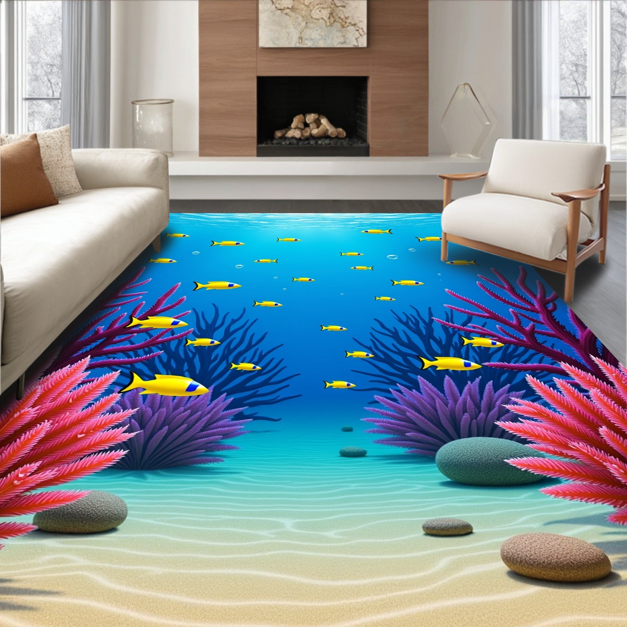 Vibrant Yellow Fish Underwater Coral Garden Rug
